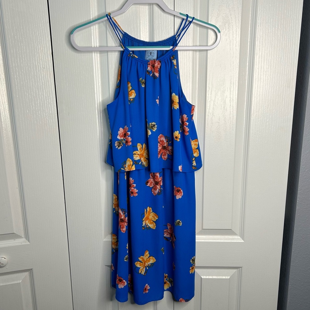 CeCe Halter Sheath Summer Shift Sack Mini Blue & Floral Dress Women Size 2